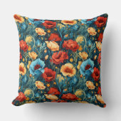 ビューティフルイエローレッドブルーフラワーズボタニカルプリント クッション (正面)