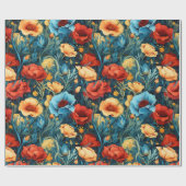 ビューティフルイエローレッドブルーフラワーズボタニカルプリント ラッピングペーパー (フラット)