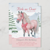 ビューティフルウィンターウッドランドピンクホース誕生日 招待状 (正面/裏面)