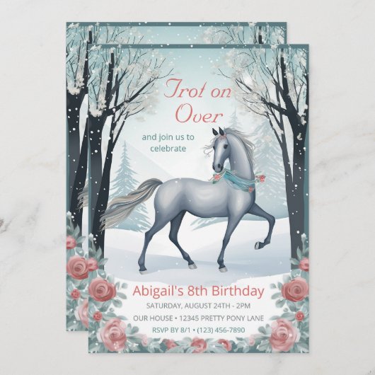 ビューティフルウィンターフォレストフローラホース誕生日 招待状 (正面/裏面)