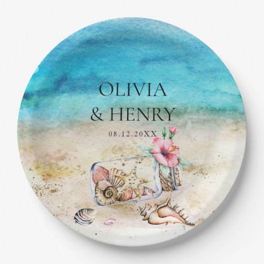 ビューティフルウォーターカラーヒトデビーチ結婚式 ペーパープレート (正面)