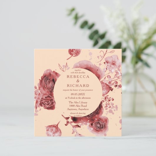 ビューティフルウォーターカラーピーチブルゴーニュフローラ結婚ズ 招待状 (スタンド正面)