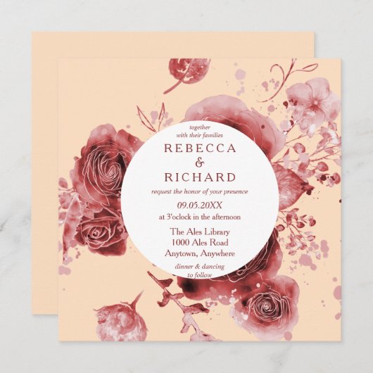 ビューティフルウォーターカラーブルゴーニュフローラ結婚ズ 招待状 (正面/裏面)