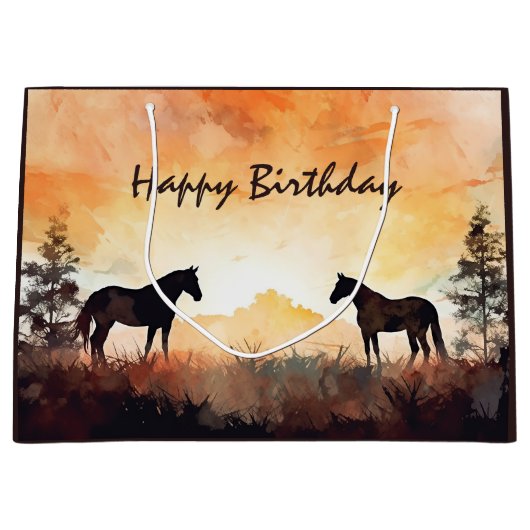 ビューティフルウォーターカラーホースアットサンセット誕生日 ラージペーパーバッグ (正面)
