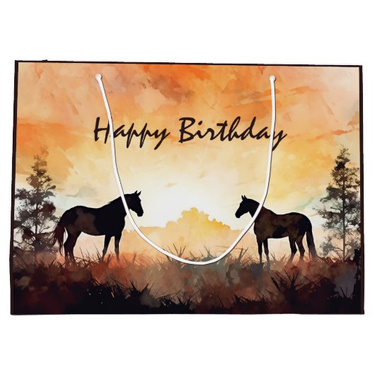 ビューティフルウォーターカラーホースアットサンセット誕生日 ラージペーパーバッグ (裏面)