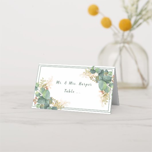 ビューティフルウォーターカラーユーカリ金ゴールドフィリグリー プレイスカード (正面)