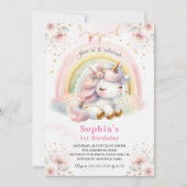 ビューティフルウォーター色フローラユニコーン誕生日 招待状 (正面)