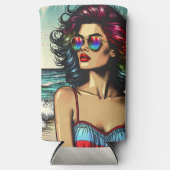 ビューティフルウーマンビーチ漫画ブックアーポップ・アートのト スリム缶クーラー (正面)