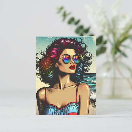 ビューティフルウーマンビーチ漫画ブックアーポップ・アートのト ポストカード (スタンド正面)