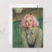 ビューティフルウーマンピンクヘアレトロハウス ポストカード (正面/裏面)