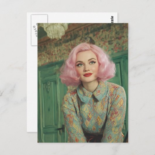 ビューティフルウーマンピンクヘアレトロハウス ポストカード (正面/裏面)