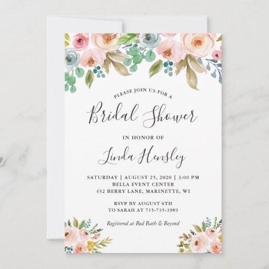 ビューティフルエレガンスウォーターカラーフローラブライダルシャワー 招待状 (正面)