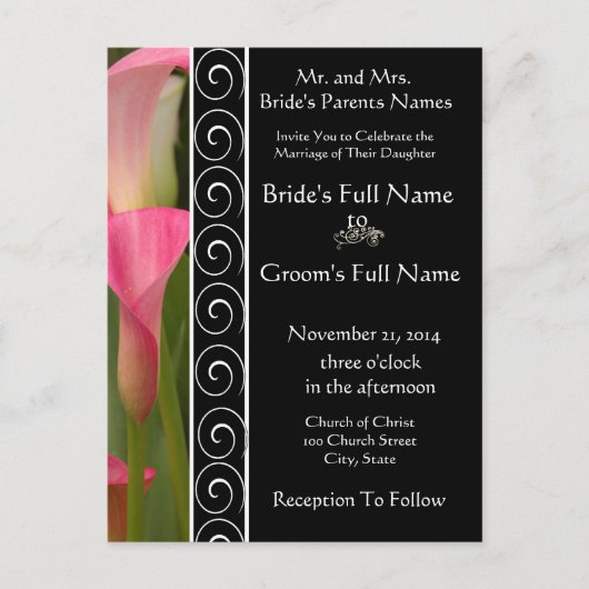 ビューティフルエレガントピンクカラリリー招待状 インビテーションポストカード (正面)