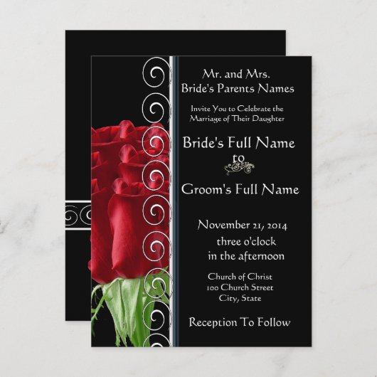 ビューティフルエレガントレッドローズ結婚式招待状 インビテーションポストカード (正面/裏面)