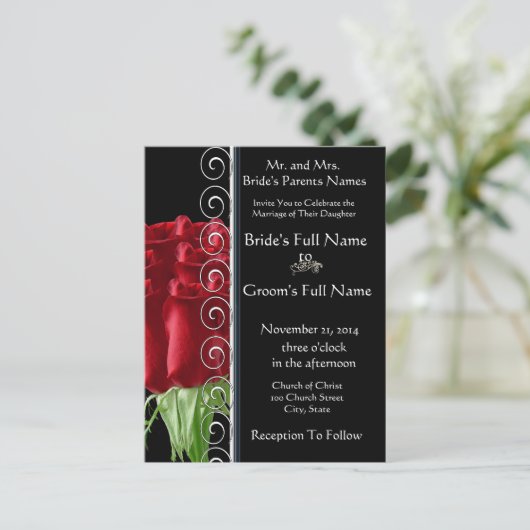 ビューティフルエレガントレッドローズ結婚式招待状 インビテーションポストカード (スタンド正面)