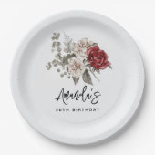 ビューティフルオフホワイト&レッドローゼスフローラ誕生日 ペーパープレート (正面)