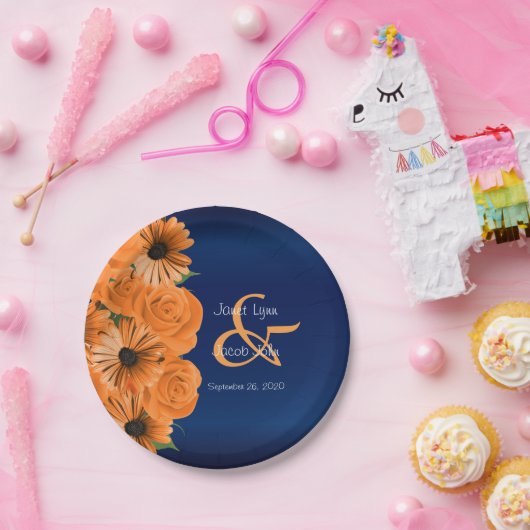 ビューティフルオレンジバラとネイビーブルー結婚ズ ペーパープレート (パーティー)