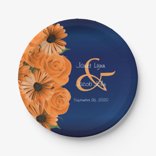 ビューティフルオレンジバラとネイビーブルー結婚ズ ペーパープレート (正面)