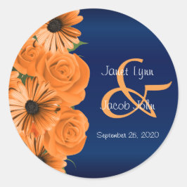 ビューティフルオレンジバラとネイビーブルー結婚ズ ラウンドシール