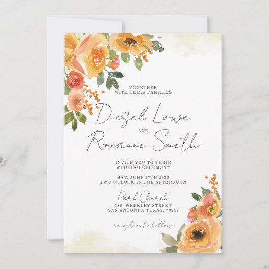 ビューティフルオレンジフローラ結婚式招待状 招待状 (正面)