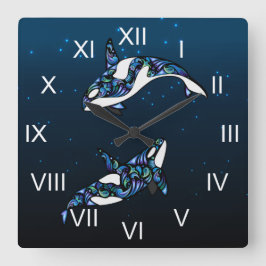 ビューティフルカラフルオルカクジラビーチ スクエア壁時計