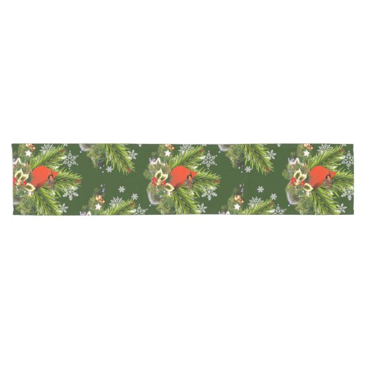 ビューティフルクリスマス(鳥)ショウジョウコウカンチョウホリデーグリーナリー ショートテーブルランナー (横)