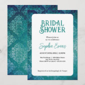 ビューティフルグリーンダマスクホワイトブライダルシャワー 招待状 (正面/裏面)