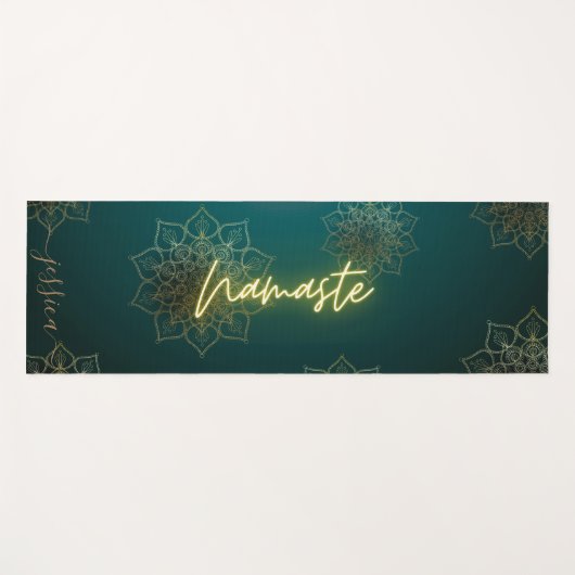 ビューティフルグリーン金ゴールドナマステマンダラ名前をカスタムする ヨガマット (正面(横))