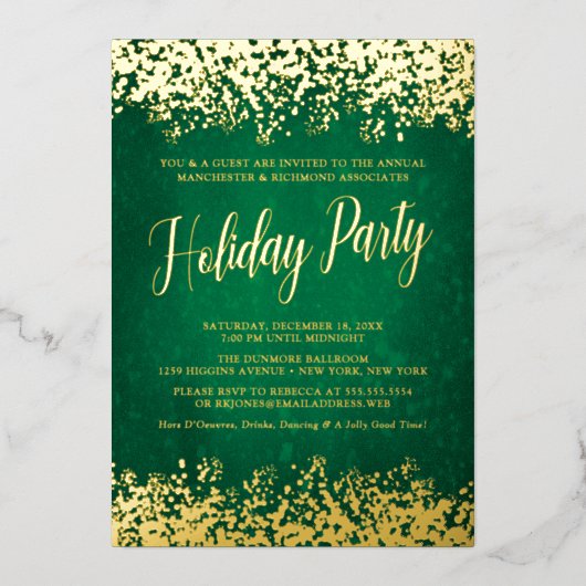 ビューティフルグリーン金ゴールドホリデーパーティフォイル招待状 箔招待状 (正面)