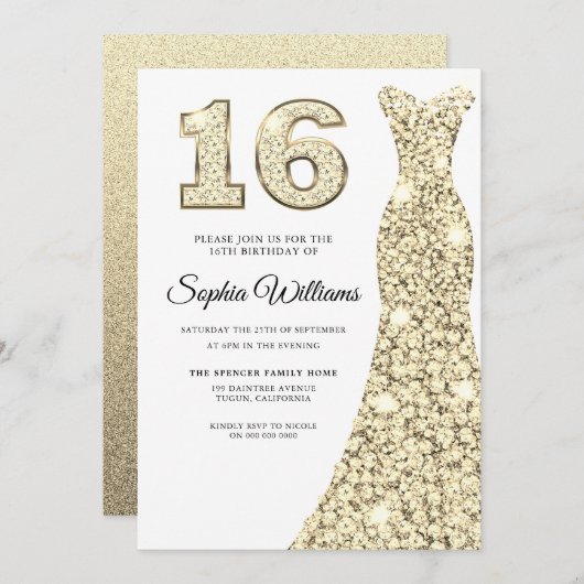 ビューティフルゴールデンドレス16th誕生日スウィート16 招待状 (正面/裏面)