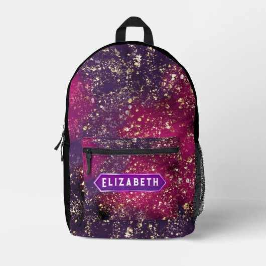 ビューティフルゴールデンブラックグリッターカスタムイニシャル プリントバックパック (正面)
