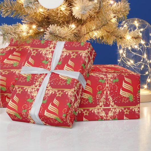ビューティフルゴールデンレッドフェスティバルクリスマス ラッピングペーパー (クリスマス)