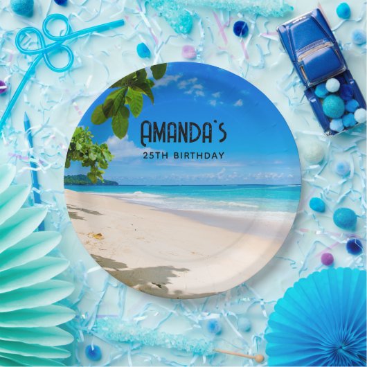 ビューティフルサニートロピカルビーチフォト誕生日 ペーパープレート (パーティー)