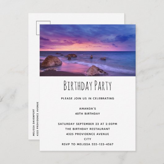 ビューティフルサンセットコースタルフォト誕生日 インビテーションポストカード (正面/裏面)