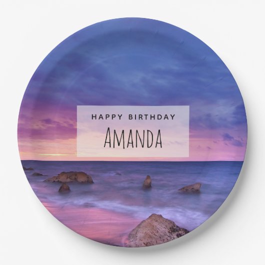 ビューティフルサンセットコースタルフォト誕生日 ペーパープレート (正面)