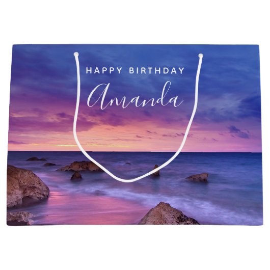 ビューティフルサンセットコースタルフォト誕生日 ラージペーパーバッグ (正面)