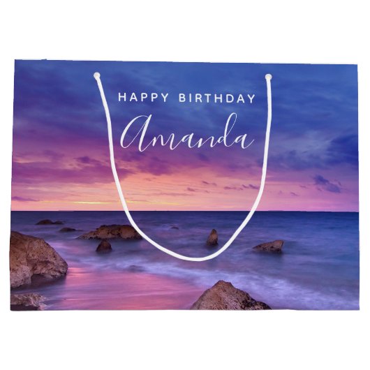 ビューティフルサンセットコースタルフォト誕生日 ラージペーパーバッグ (裏面)