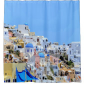 ビューティフルシーサイドホワイトウォッシュハウスギリシャビーチ シャワーカーテン (正面)