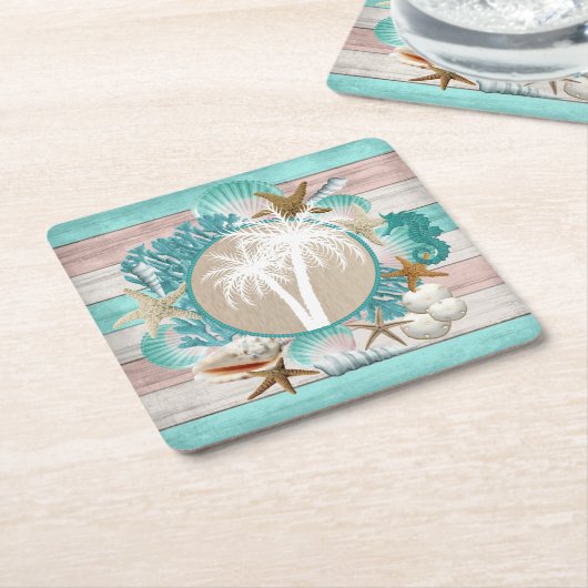 ビューティフルシーシェルとビーチデザイン スクエアペーパーコースター (アングル)