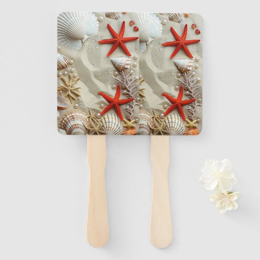 ビューティフルシーシェルズレッドスターフィッシュパールビーチ ハンドファン (正面&裏面)