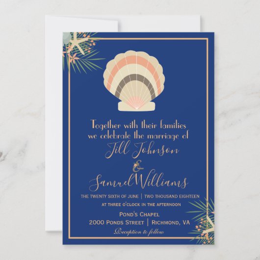 ビューティフルシーシェルビーチテーマブルー結婚ズ 招待状 (正面)