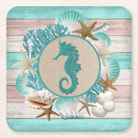ビューティフルシーシェル&シーホースデザイン スクエアペーパーコースター (正面)