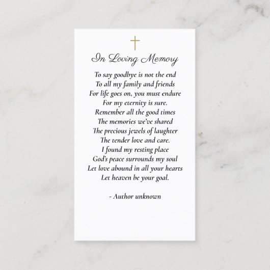 ビューティフルスカイサンセット葬儀記念祈りの言葉カード 名刺 (裏面)