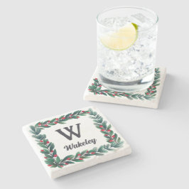 ビューティフルスクエアクリスマスリースモノグラム ストーンコースター