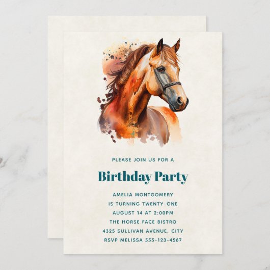ビューティフルソレルホースポートレート誕生日 招待状 (正面/裏面)