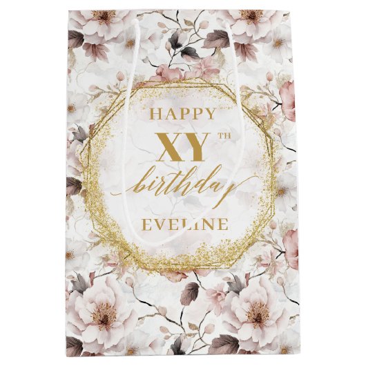 ビューティフルダスティピンクボホ金ゴールド誕生日抱き枕 ミディアムペーパーバッグ (正面)