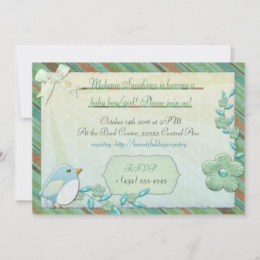 ビューティフルデイバードハウスベビーシャワー誕生日 招待状 (裏面)