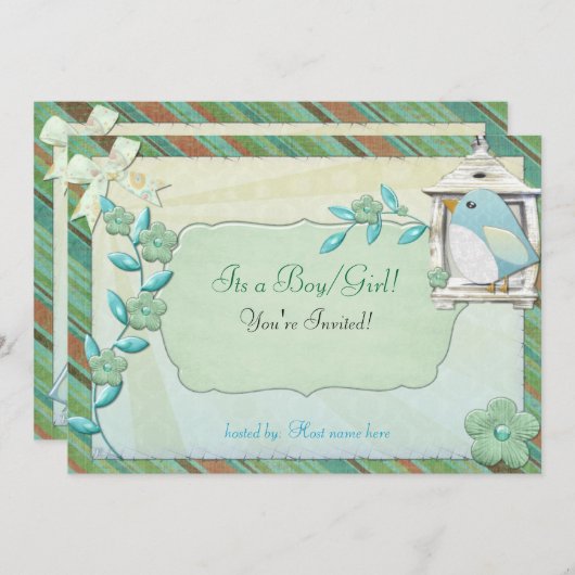 ビューティフルデイバードハウスベビーシャワー誕生日 招待状 (正面/裏面)