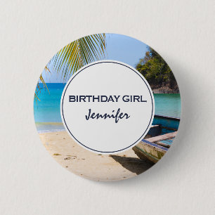 ビューティフルトロピカルビーチ&ローボート誕生日ガール 缶バッジ