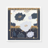 ビューティフルネイビーブルーと金ゴールドフローラデザイン スタンダードカクテルナプキン (正面)